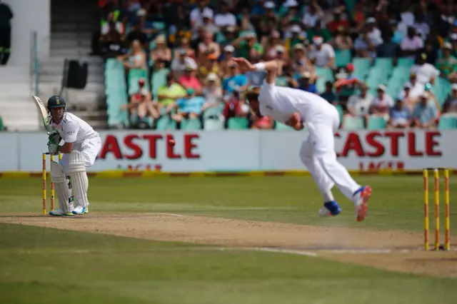 South African batsman AB de Villiers prepares to play a shot off a delivery by England bowler Stuart Broad