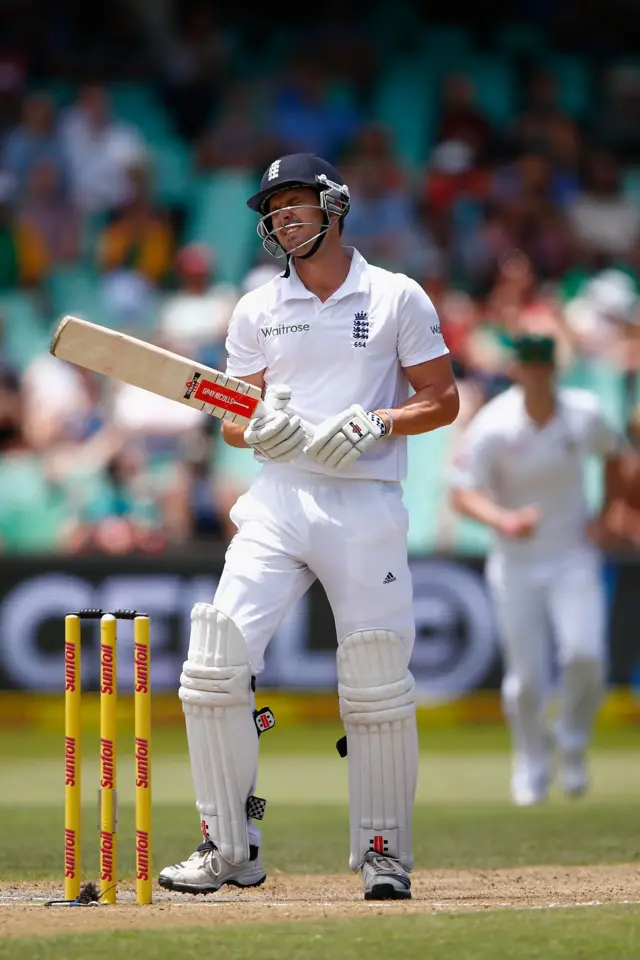 Nick Compton of England reacts after being caught out on 85 runs