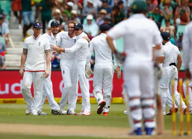 Stuart Broad of England is congratulated