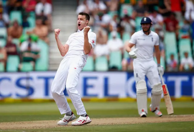 Morne Morkel of South Africa celebrates taking the wicket of Chris Woakes