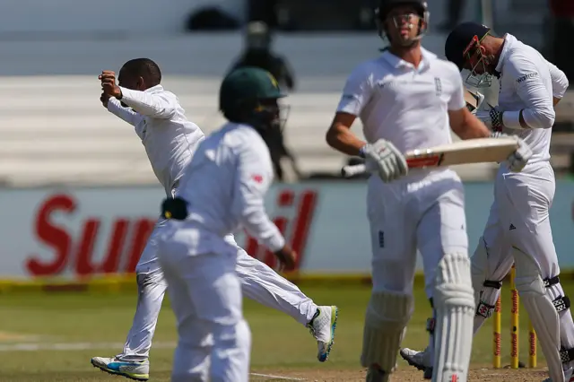 Dane Piedt celebrates the wicket of Alex Hales