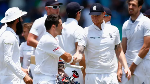 Ben Stokes congratulates Dean Elgar