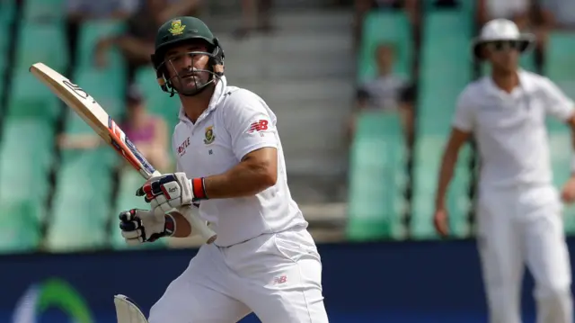 South African batsman Dean Elgar watches his shot