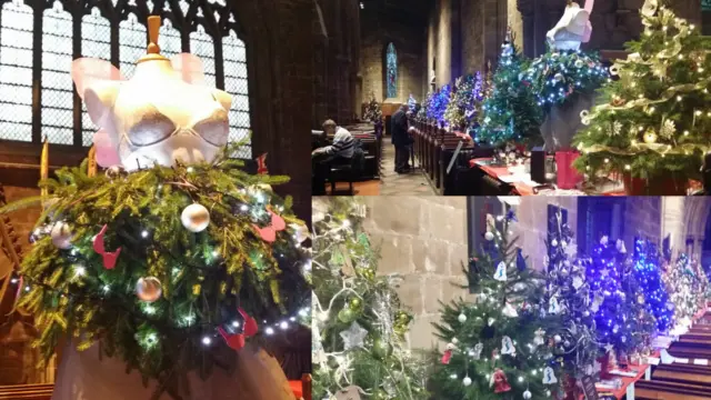 A montage of tpictures of the Christmas trees in the church