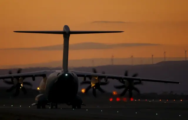 An RAF A400M military transport plane taxis at RAF Akrotiri in southern Cyprus