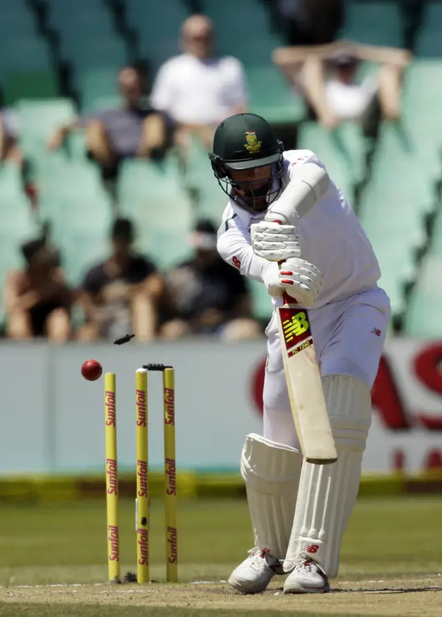 Dale Steyn is bowled by Steven Finn