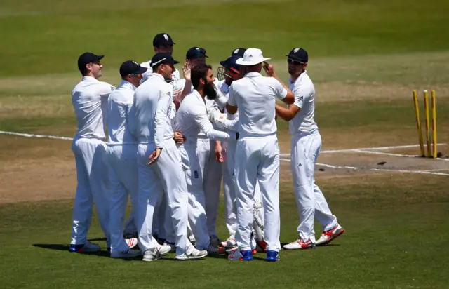 England players celebrate a wicket