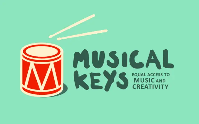 Logo for the Musical Keys charity, showing a drum kit and logo