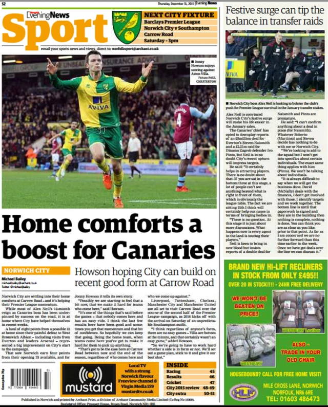 Back page of the Norwich Evening News