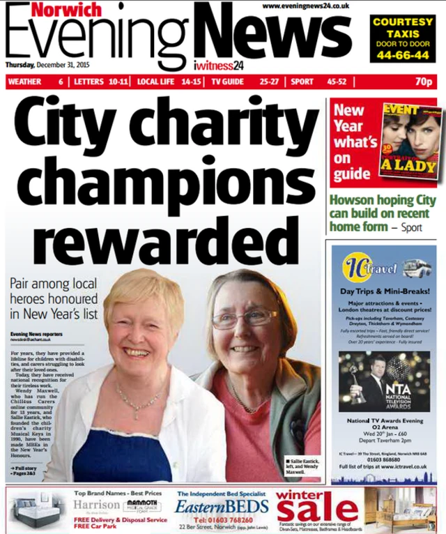 Front page of the Norwich Evening News