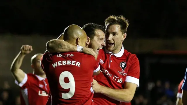 Salford celebrate Stephen O'Halloran's equaliser against Hartlepool