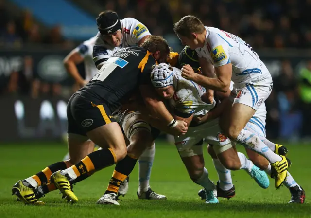 Thomas Waldrom gets over for Exeter