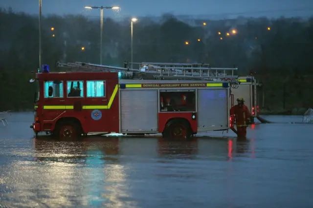 A fire truck caught in flooding in the Ballybofey area of Donegal