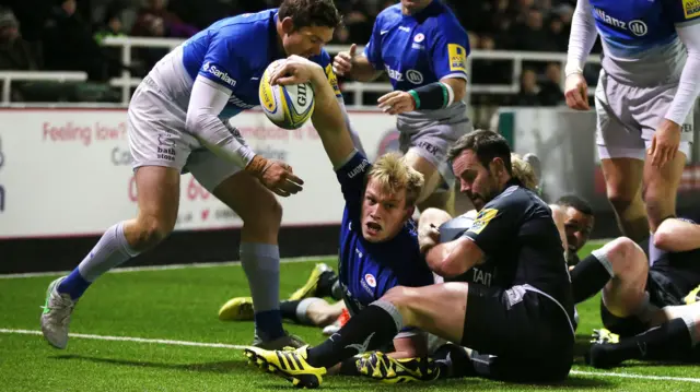 Nick Tompkins celebrates his try for Saracens