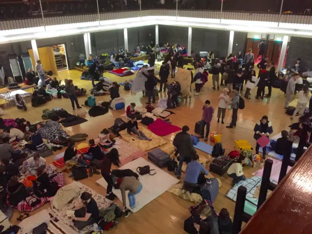 The Great Hall at Lancaster University being used as a shelter