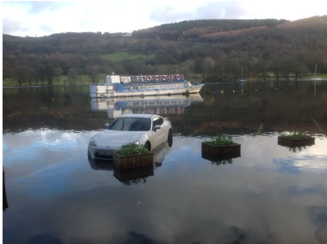 Flooded car park, Lakeside, Windermere