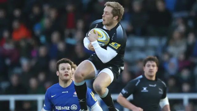 Alex Tait gathers a kick for Newcastle against Saracens