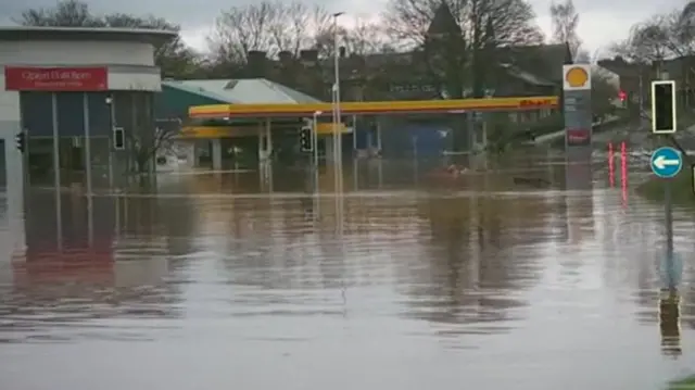 Flooded petrol station