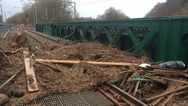 Flood debris on bridge