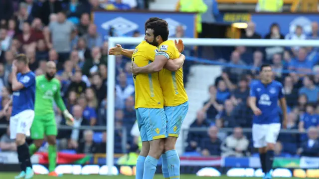 Scott Dann and Mile Jedinak celebrate 3-2 win over Everton, September 2014