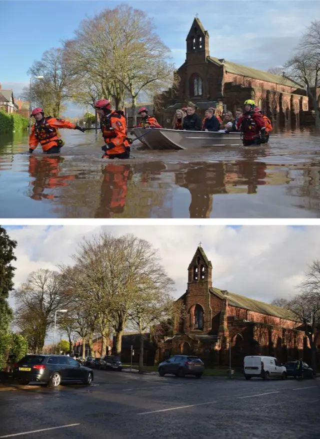 Two photos of Warwick Road two days apart