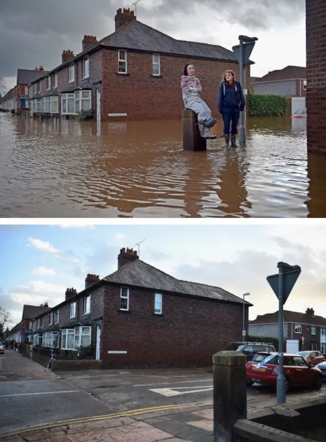 Warwick Road in Carlisle during and after the floods