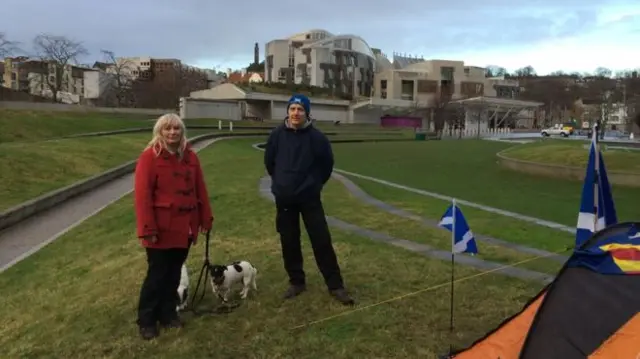 Campaigners at the IndyCamp Live site at Holyrood