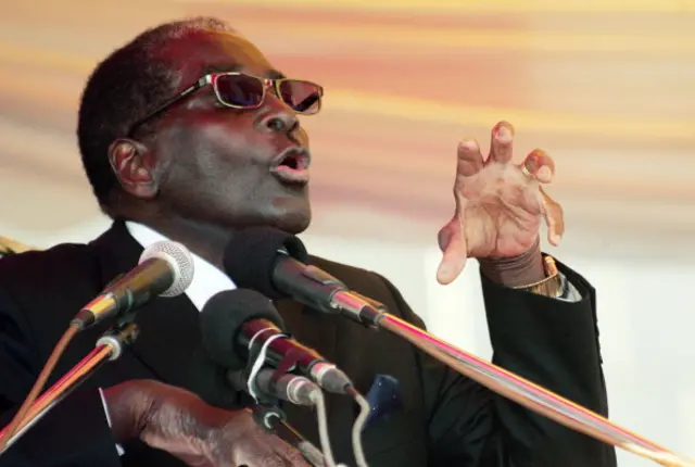 Zimbabwe's President Robert Mugabe speaks during the funeral of a stalwart of the ruling ZANU-PF party at the National Heroes Acre in Harare on June 7, 2014