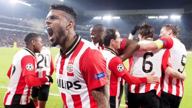 Jurgen Locadia (front) of PSV celebrates with team-mates