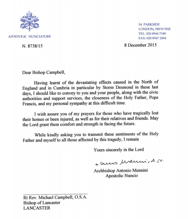 Letter from Archbishop Antionio Mennini