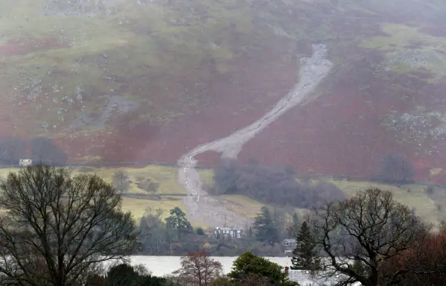 A landslip has appeared in the hills around Ullswater: