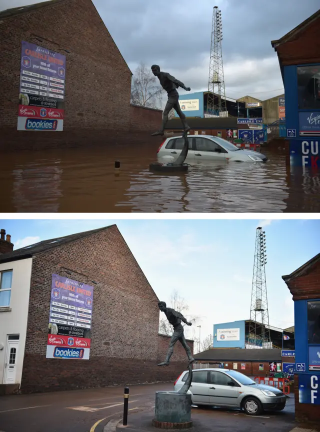 During and after pictures of floods at Carlisle United's football ground