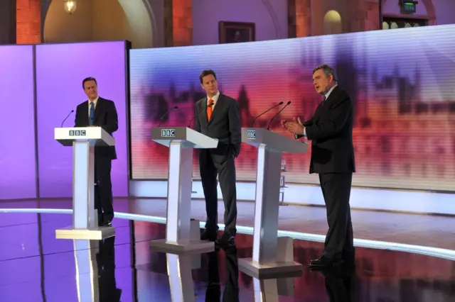 David Cameron, Nick Clegg and Gordon Brown during a 2010 TV debate