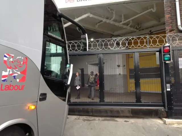 Labour bus arriving in Huddersfield