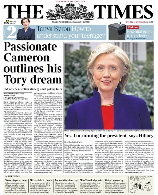 Times front page, 13/4/15