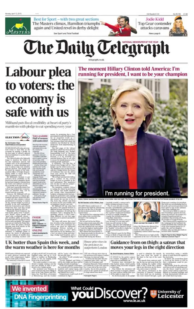 Daily Telegraph front page, 13/4/15