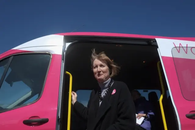 Harriet Harman on the pink bus