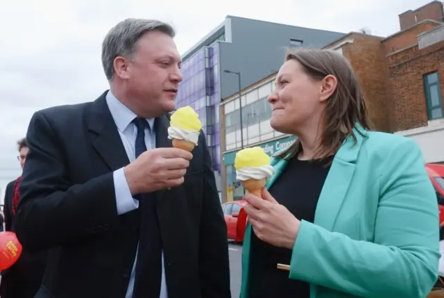 Ed Balls and Labour candidate Anna Turley eating ice cream