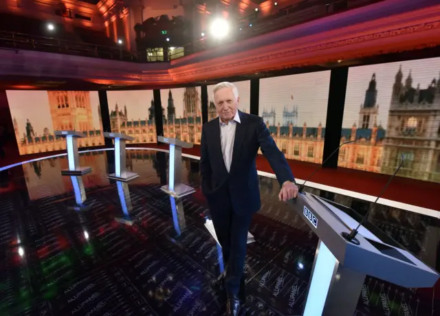 David Dimbleby on the set of the BBC Election Debate 2015, Central Hall Westminster