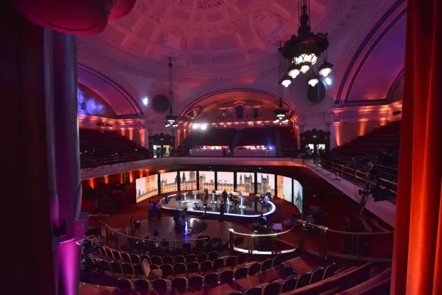 Setting up for TV debate in Central Hall, Westminster