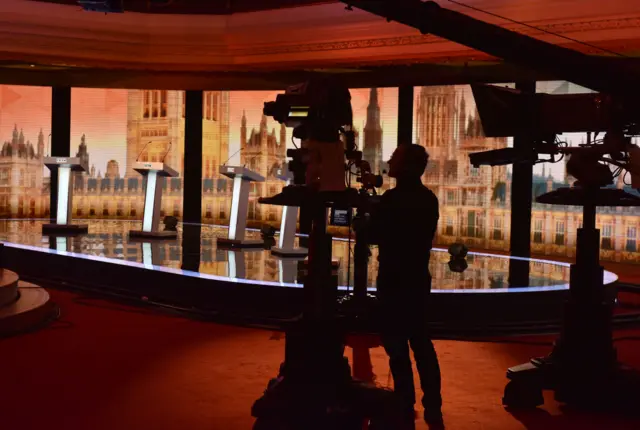 A cameraman rehearses on the set of the BBC debate