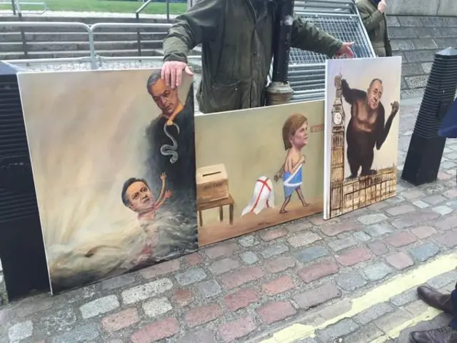 Paintings on display outside the venue for the BBC's opposition leaders' debate - 16 April 2015