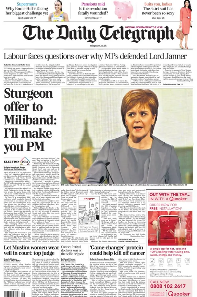 Daily Telegraph front page, 17/4/15