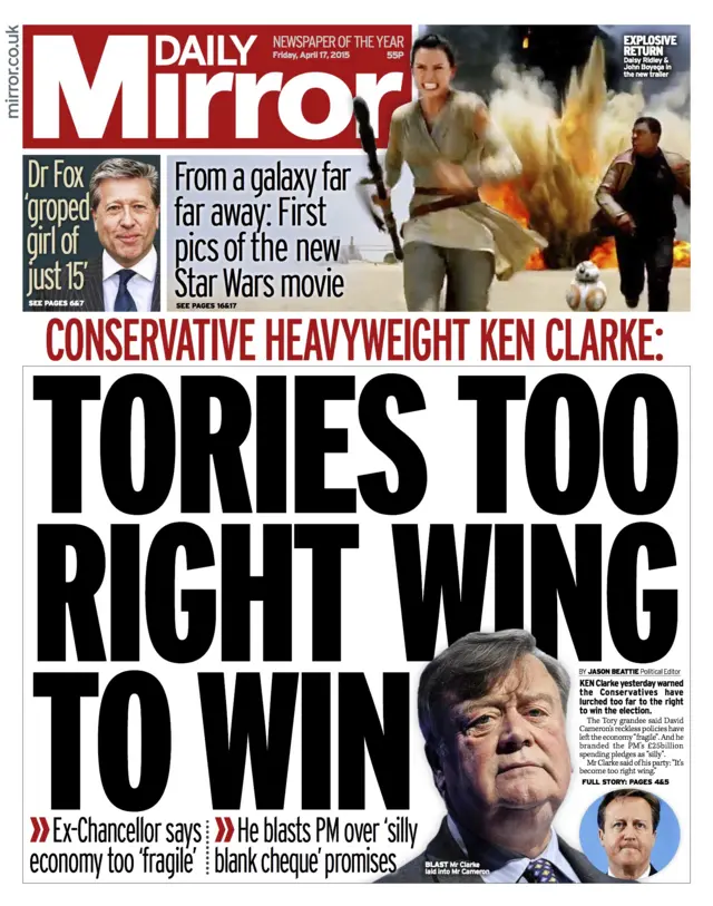 Daily Mirror front page, 17/4/15