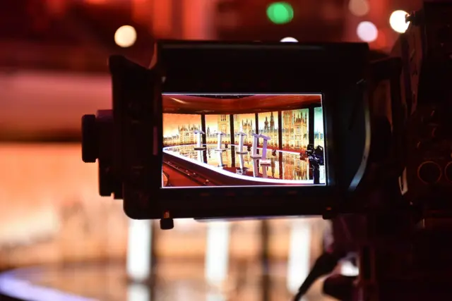 The BBC debate set, as seen through a camera's viewfinder