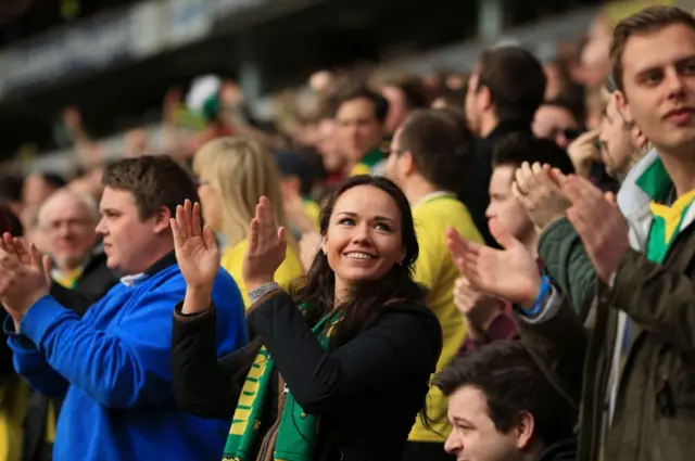 A Norwich City fan celebrates her sides" second goal during the Sky Bet Championship fixture at Carrow Road, Norwich