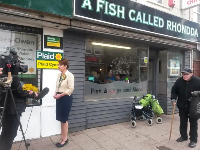 Plaid Cymru leader Leanne Wood speaks to the media outside her party"s office in Treorchy, Wales