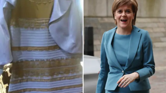 A dress that caused much debate in February (left) and SNP leader Nicola Sturgeon - 16 April 2015