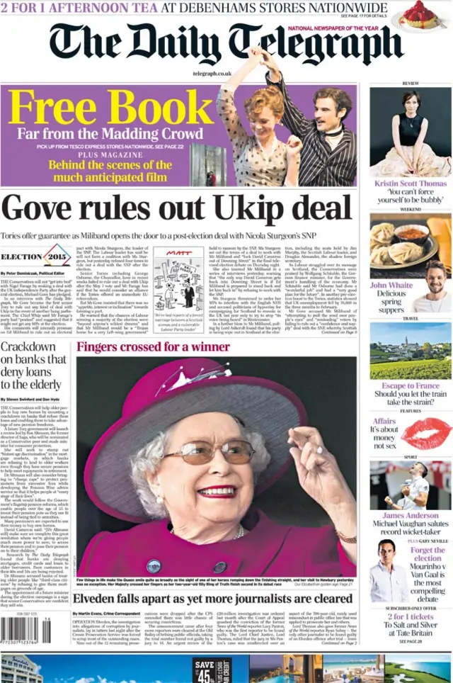 Daily Telegraph front page, 18/4/15