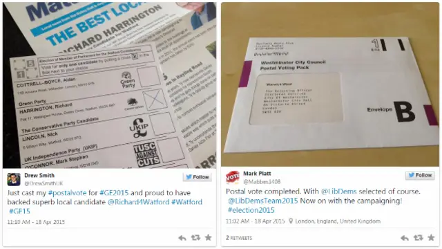 Two examples of tweets by people who have already voted by post - 18 April 2015